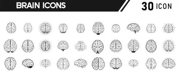 Vector art of collection of 30 brain icons representing different aspects of the mind, cognition, and neuroscience
