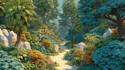 A vibrant tropical pathway surrounded by lush greenery and colorful foliage creates a serene atmosphere, Ideal for nature themes, travel content, or relaxation imagery in digital or print formats,