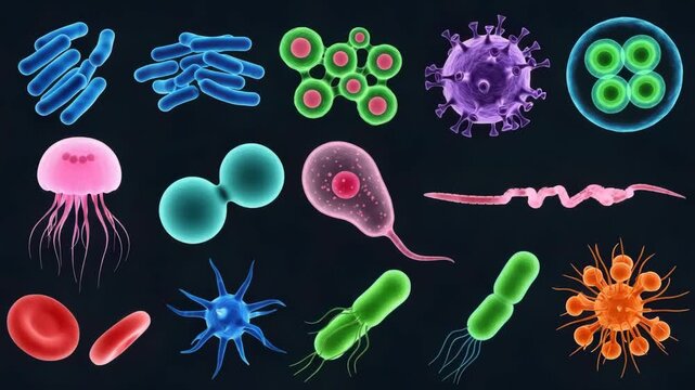 A vibrant collection of diverse microscopic organisms, including various bacteria, viruses, and cells, showcasing the intricate world of microbiology and science