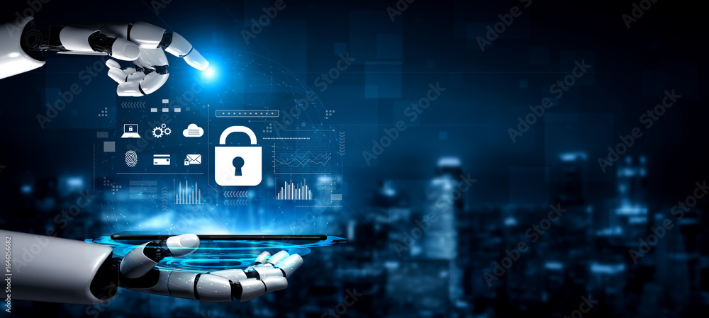 Poster ai-powered lock system showing advanced cybersecurity, identity verification, and data protection an
