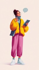 A fashionable young woman in a bright yellow puffer jacket holds a tablet while making a peace sign, This image suits blogs or social media posts about style, technology, or modern youth culture,