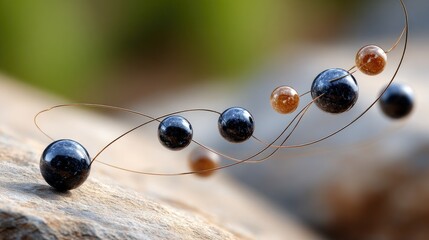 Floating dark spheres and glass beads intertwine with delicate wires, enhancing the ethereal depth against a rocky backdrop.