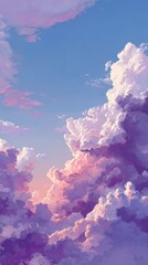 A stunning sky filled with fluffy clouds transitioning from pastel pink to purple against a clear blue background, Ideal for use in nature-themed projects, wallpapers, or calming environments,