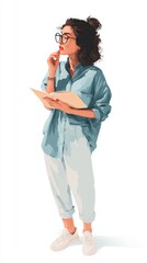A thoughtful young woman with curly hair, wearing oversized glasses and casual attire, stands with a notebook, contemplating, This image is perfect for topics like creativity, work-life balance