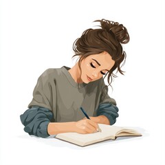 A young woman sits in a cozy setting, writing intently in a notebook, embodying creativity and focus, This illustration is perfect for educational, blogging, or artistic contexts,