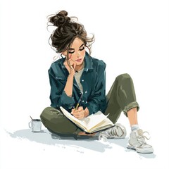 A young woman sits on the floor, thoughtfully writing in a notebook with a cup nearby, capturing a moment of creativity and contemplation, Ideal for concepts around productivity, inspiration
