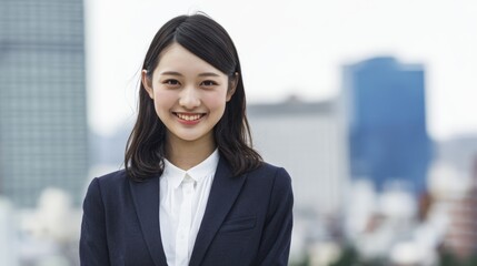 A young woman in professional attire smiles confidently against a blurred urban background, This image can be used for business-related content, personal branding, or corporate websites,