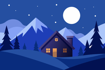 Obraz premium Cozy cabin under a full moon in a winter landscape