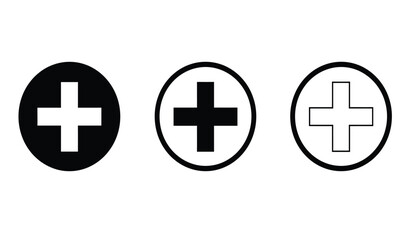 Three oval medical cross icons in black filled white and outline styles isolated on white background