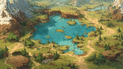 A vibrant landscape featuring a tranquil blue lake surrounded by rocky terrain and lush greenery, Ideal for nature-related projects, illustrations, or backgrounds for fantasy themes,