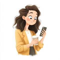 A young woman casually dressed in a yellow blazer is engrossed in her phone while holding a coffee cup, This illustration can be used for marketing, social media, or lifestyle content creation,