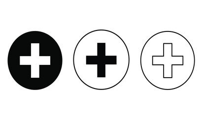Fototapeta premium Three oval medical cross icons in black filled white and outline styles isolated on white background