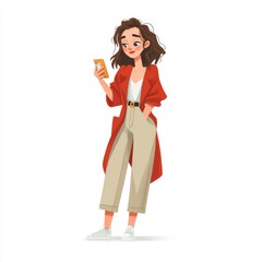 A fashionable young woman casually checks her phone, dressed in a stylish red coat and beige trousers, This image can be used for fashion blogs, social media marketing, and lifestyle content,