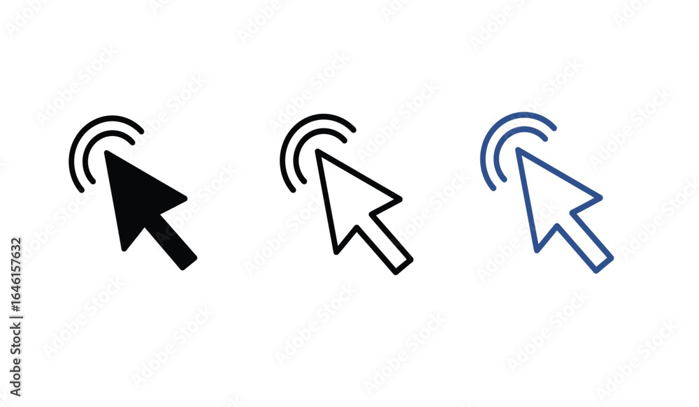 Poster three distinct computer mouse cursor icons in black outline and blue styles isolated on white backgr