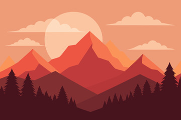 Vibrant sunset over layered mountains and pine forest