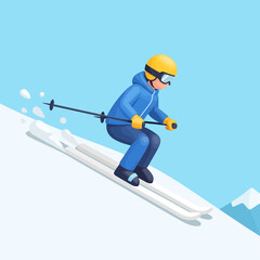 Fototapeta premium Skier in blue suit skiing down snowy slope with mountain in background.