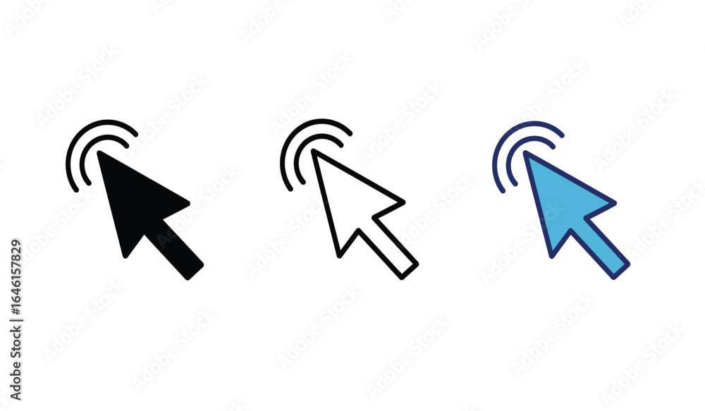 Poster three distinct computer mouse cursor icons in black outline and blue styles isolated on white backgr
