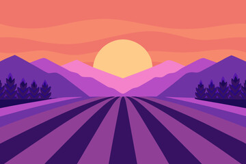 Vibrant sunset over purple fields and mountains