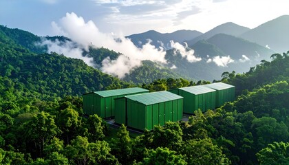 Green Data Center Buildings Nestled In Lush Forest Valley Under Cloudy Sky