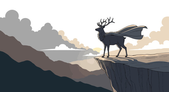 Majestic Deer with Cape Standing on Cliff Edge Overlooking Mountain Landscape