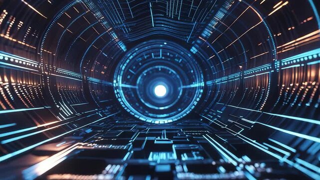 Futuristic glowing tunnel with blue illuminated circuit patterns leading to bright central light in high tech digital environment