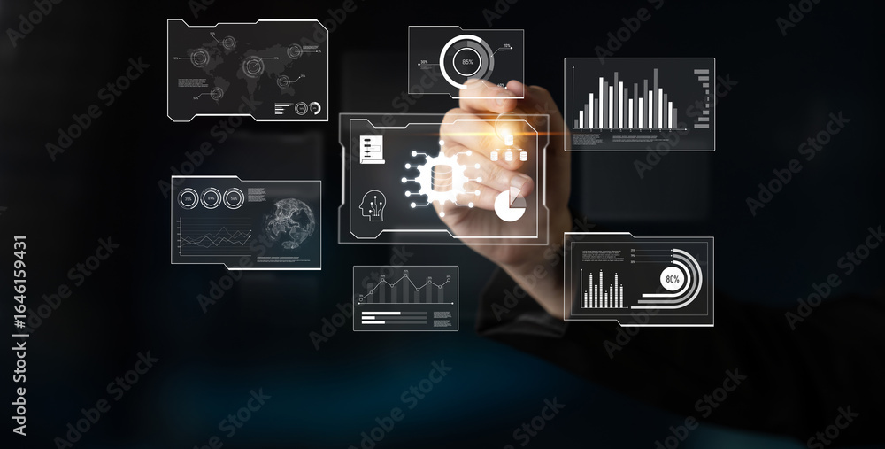 Poster big data visualization dashboard showing analytics, insights, and performance. data supports decisio