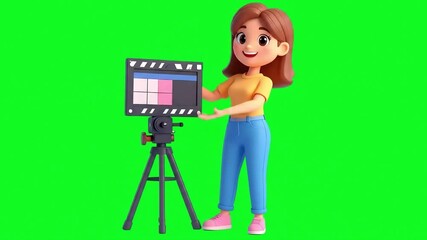 Animated character stands beside a film slate on a tripod, ready to begin shooting a scene against a vibrant green screen backdrop.