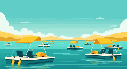Paddle Boats in a Calm Lake, a Leisurely Scene Depicting Relaxation and Recreation, Illustration of Boats on the Water
