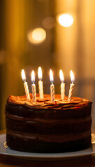 Chocolate cake with lit candles birthday cake celebration