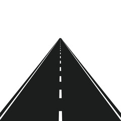 Perspective view of a black asphalt road with white lane markings stretching into the distance isolated on white background