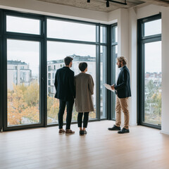 Fototapeta premium Real Estate Agent Showing Couple Empty Apartment with Large Windows