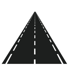 Perspective view of a black asphalt road with white lane markings stretching into the distance isolated on white background
