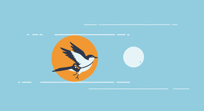 Minimalist illustration of a bird flying against an orange circle and blue background for calm vibes