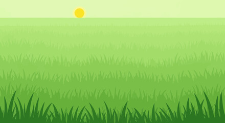 Minimalist nature illustration of a green grassy field under a bright sun providing natural beauty