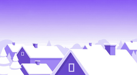 Minimalist winter landscape featuring snowy rooftops and serene purple sky backdrop