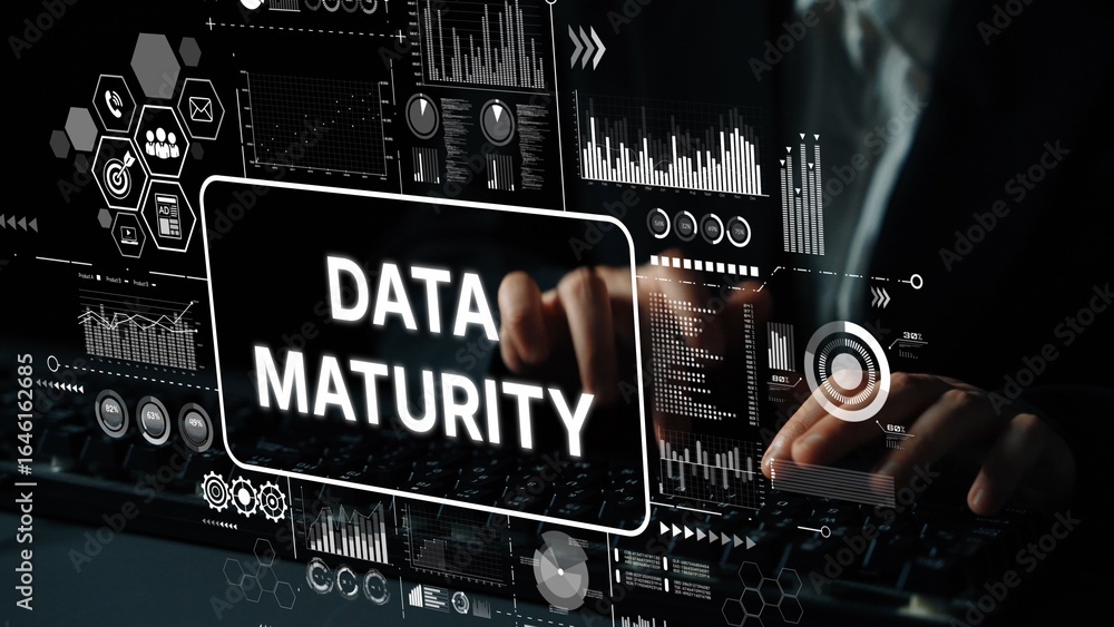 Poster business professional analyzing data maturity metrics with advanced digital visualization tools. asy
