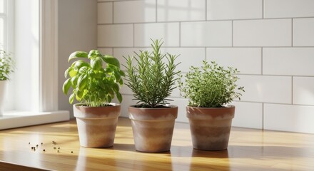 Three potted herbs basil rosemary thyme on wooden counter with white subway tile wall and window light