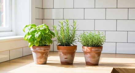 Three potted herbs basil rosemary thyme on wooden counter with white tile backsplash herb garden