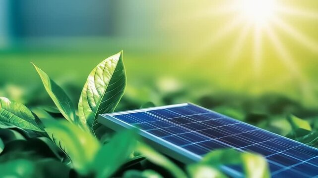 Renewable energy solar panel framed by verdant foliage capturing the sunlight