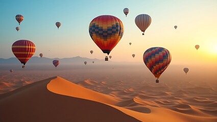 Obraz premium Colorful hot air balloons ascend over vast desert dunes at sunrise, a breathtaking adventure