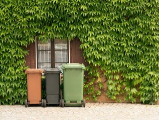 Trash bins in front of ivy-covered historic house in Bavaria, Germany