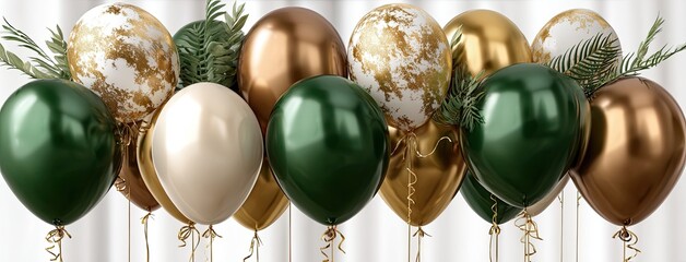 Balloons in beige, olive green, and white create a stylish and adventurous atmosphere for celebrations with a military-inspired theme
