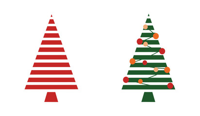 Fototapeta premium Two stylized christmas trees with horizontal stripes one red and white the other green with colorful ornaments isolated on white background