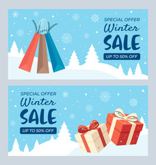 Winter sale vector banners with snowflakes, gift boxes, snowy landscape, and 50% discount text. Perfect for seasonal promotions, online stores, advertisements, and holiday marketing campaigns.
