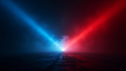 Red and blue spotlights in a dark, foggy environment. Futuristic stage with converging beams of light. Sci-fi, competition, and versus concept. Generative Ai.