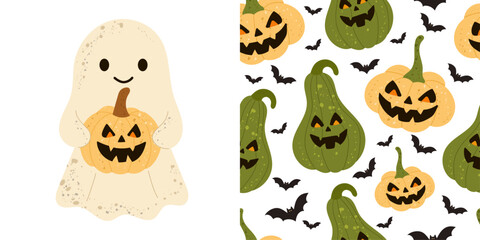 Halloween ghost and pumpkin pattern set featuring a cute smiling ghost holding a carved jack-o’-lantern, seamless background with green and orange gourds, spooky bats, and grinning pumpkin faces