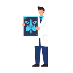 Male doctor holding chest X-ray in medical uniform on white background  
