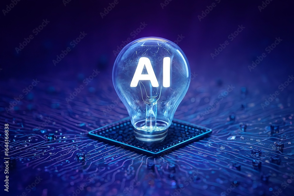 Poster glowing light bulb with ai inside symbolizing artificial intelligence innovation and technology on a