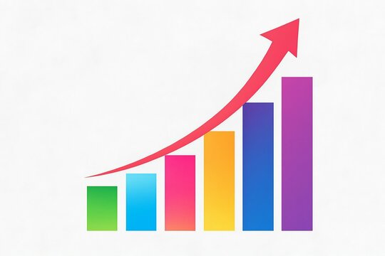 Colorful bar graph with a rising red arrow indicating financial growth and success