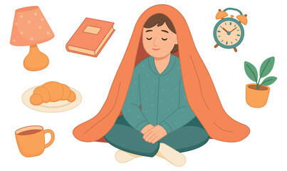 The girl sits in her pajamas under the blanket with her legs crossed isolated on white background. Cute simple flat style, vector illustration